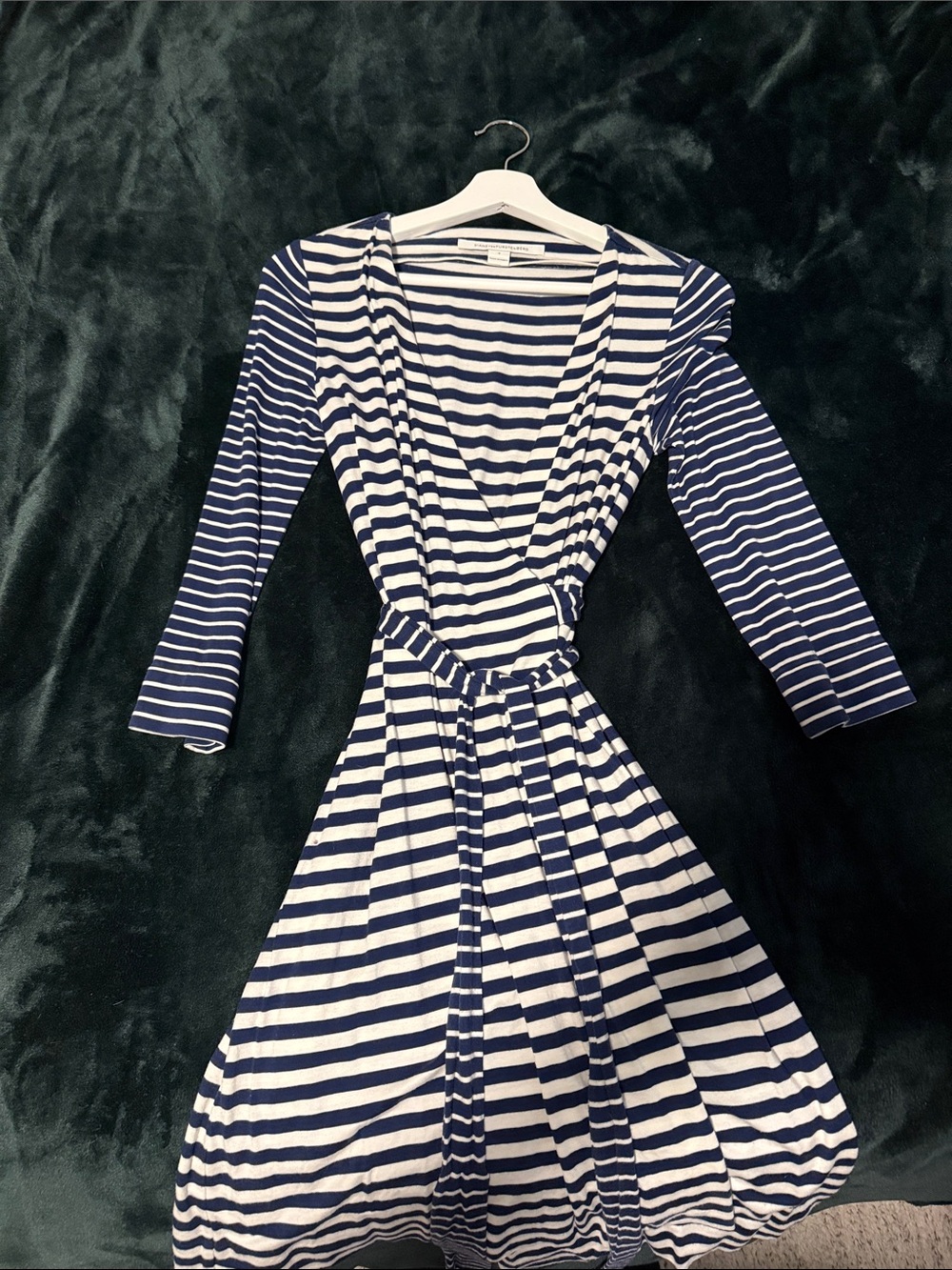 Diane Von Furstenberg Navy and White Striped Long Sleeve Wrap Dress